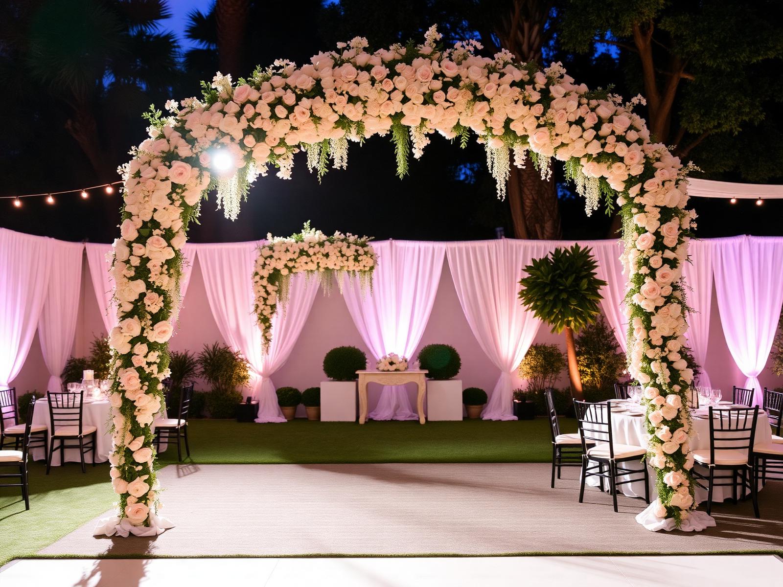 Elegant ingericht evenement met bloemenboog en gedekte tafels